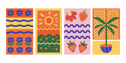 colorful summer patterns with strawberries and palm tree