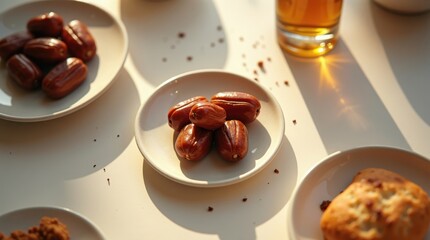 Close up of delicious sweet dates on small white plates for Ramadan Iftar break in soft sunlight, Eid-ul-Fiter, Eid-Ul-Adha ,Ramadan ,moon light, eid milad un Nabi chad night