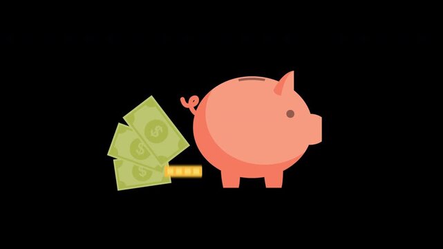 Savings concept animation with piggy bank wallet and stack of gold coins