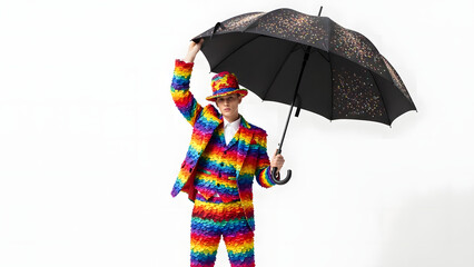 Young man in a colorful rainbow-striped suit against a white background, highlighting bold fashion, LGBT pride, and vibrant style,guy wear lgbtq rainbow suit holding umbrella