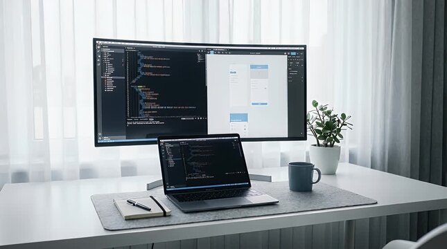 Modern workspace with computer screens and laptop