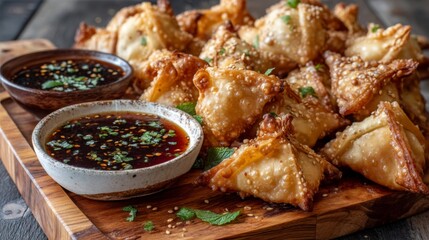 Delicious golden fried dumplings served with dipping sauces on a rustic wooden platter, garnished with herbs and ready to enjoy with friends and family.