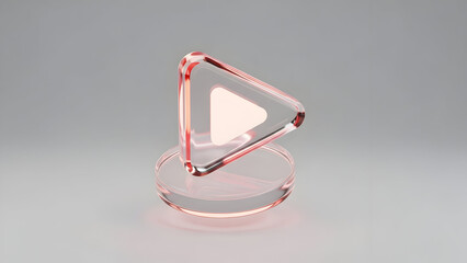 Glowing pink play button on glass pedestal for modern media