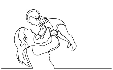 Continuous line drawing of a mother lifting her baby. Minimalist vector illustration of motherhood, parenting, and family bond. concept of love, care, love, joy, vector.