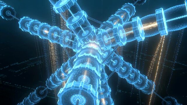 Dynamic hologram system, Illuminated data stream with secure connections, Circulating threedimensional holographic machinery representing confidential data exchange within cybernetic environment