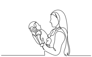 Mother and baby line art vector illustration. Minimalist line art of a mother holding her children, continuous line drawing of a mother, love, care, newborn, happy, cute vector.