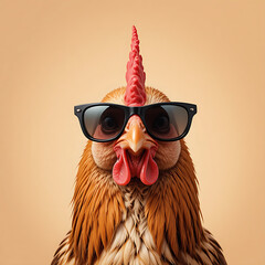 Creative animal concept. Chicken hen in sunglass shade glasses isolated on solid pastel background, commercial, editorial advertisement, surreal surrealism