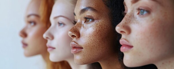 Studio, close-up of people with diversity for skincare, equality, and beauty on white backgrounds. Cosmetics and empowerment for a group of women, thinking support, inclusion, Generative AI