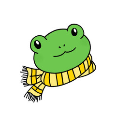 Obraz premium Cute Green Frog Wearing a Striped Yellow Scarf