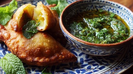 Golden crispy pastry filled with spiced potatoes and served with fresh herb dipping sauce in beautifully decorated bowl