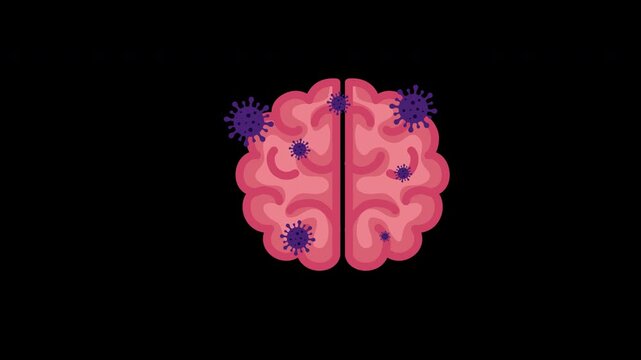 Medical animation showing human brain attacked by virus cells for health concepts