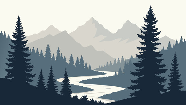 Minimal Pine Forest River Vector