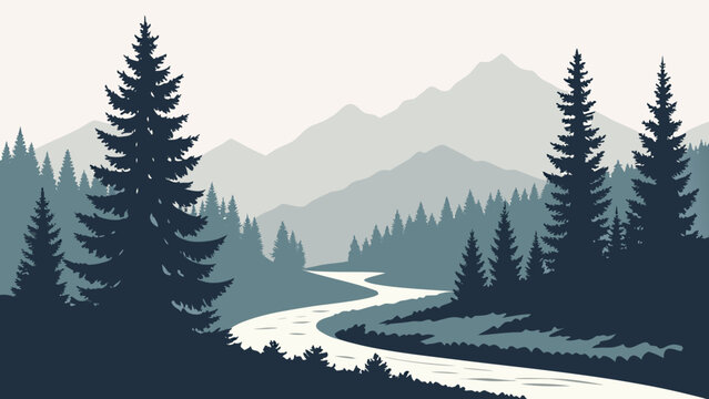 Minimal Pine Forest River Vector