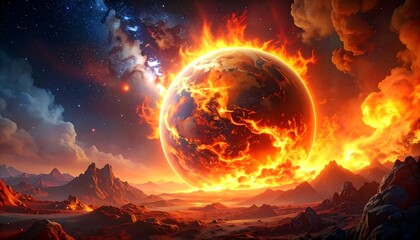 Obraz premium Fiery world burns with apocalyptic flames, cosmic sky, and desolate landscape
