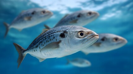 Naklejka premium A school of fish swims in unison through clear bright blue ocean waters under sunlight