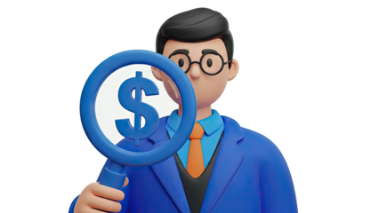 3D Man with Magnifying Glass and Dollar Sign