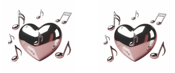 Reflective rose gold heart design surrounded by floating metallic musical notes on transparent background