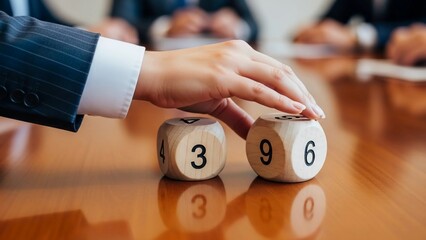 A hand in a business suit rolling wooden dice on a polished table