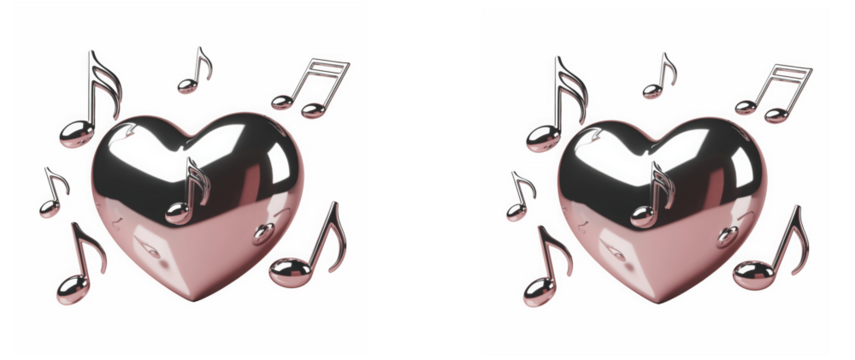 Reflective rose gold heart design surrounded by floating metallic musical notes on transparent background - Powered by Adobe