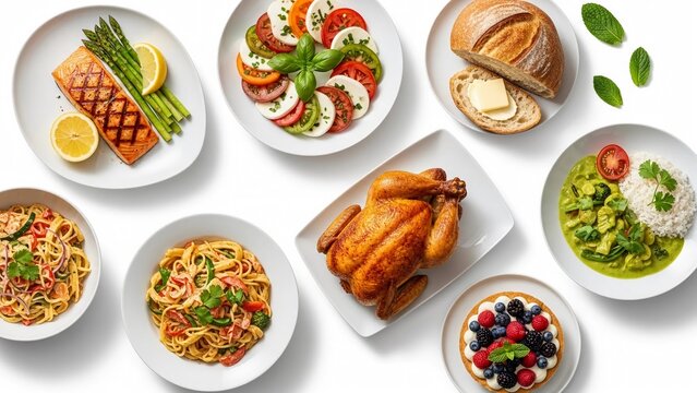 A variety of delicious food dishes arranged on a white table