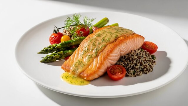 A delicious salmon fillet served with quinoa and fresh vegetables on a plate