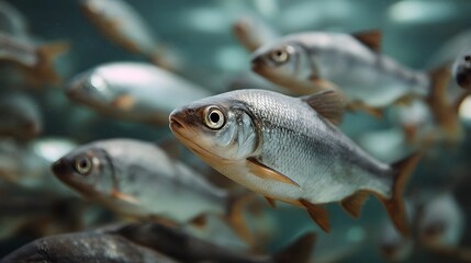 A close up view of a school of silvery fish swimming together in clear underwater depths