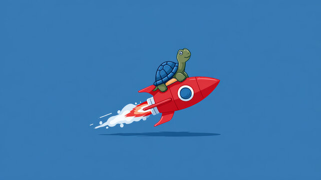 Slow turtle red rocket animal cartoon speed sky blue background humor journey adventure transportation shell reptile fantasy whimsy fun