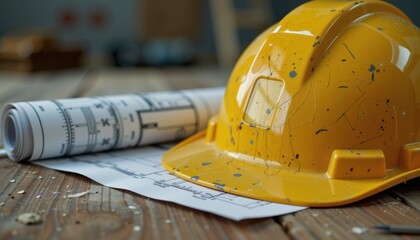 Construction helmet on blueprints, symbolizing safety and planning in building projects.