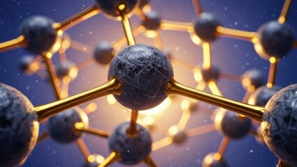 3D molecular model with golden connectors and textured spheres in a cosmic blue environment.