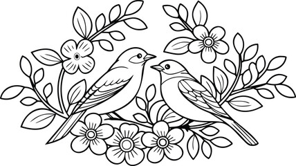 Floral Love Birds Coloring Page  Birds with Flowers Line Art