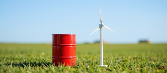 Red oil drum next to a small wind turbine on green grass.