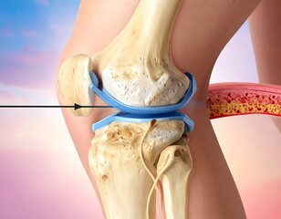 Anatomical knee illustration with bone structure and joint details, set against a gradient backdrop