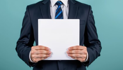 A businessman holding a blank document against a blue background.