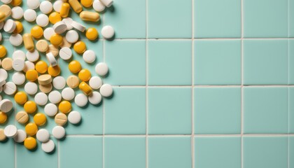 Scattered pills on a turquoise tiled surface create a vibrant composition.