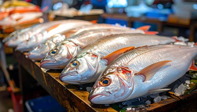 Freshly caught fish displayed on a wooden counter for sale