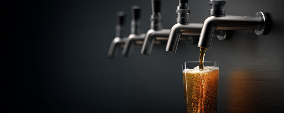 Beer draft tap bar pub beverage glass alcohol Smooth beer draft tap bar pub beverage glass alcohol pouring into clear glass metal dispenser wall