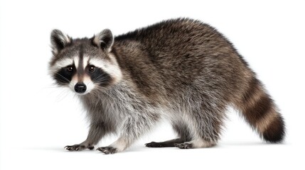 Obraz premium Curious Raccoon with Distinctive Facial Features on White Background