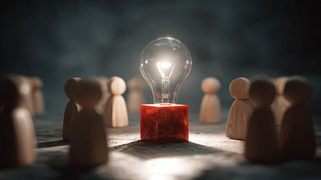 Light bulb leadership innovation concept with wooden people community teamwork surrounding glowing idea creativity - Powered by Adobe