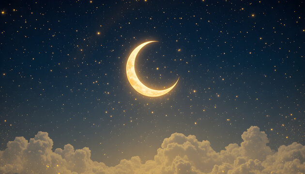 Bright Crescent Moon in Starry Night Sky with Fluffy White Clouds and Golden Glittering Dust Background, Eid-ul-Fiter, Eid-Ul-Adha ,Ramadan ,moon light, eid milad un Nabi chad night