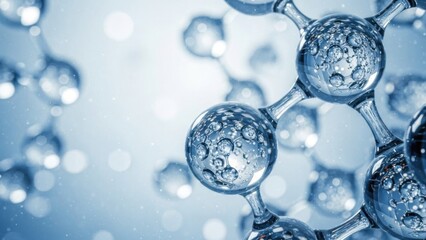 Detailed abstract molecular science concept with connected clear spheres on a blue background.