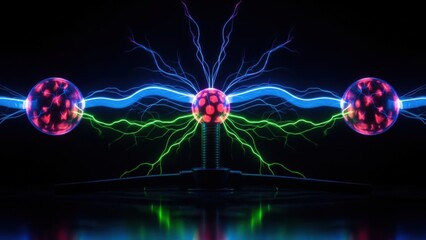Abstract glowing plasma balls with blue and green electrical arcs against a dark background.