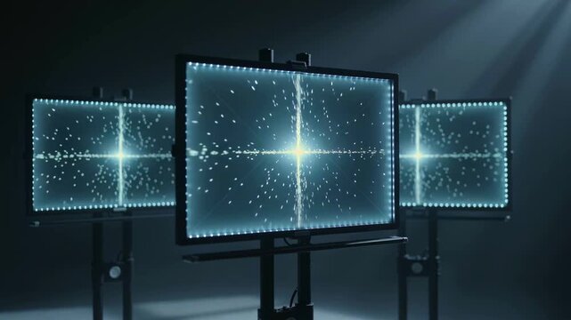 Particles and stars, Expanding particles with starlike nodes, Trio of displays illustrating dynamic particle waves and star motifs with subtle ambient illumination in simplistic studio