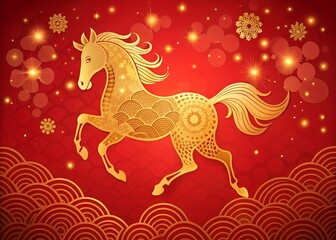 Elegant Chinese New Year Background with Golden Zodiac Horse and Red Wave Pattern