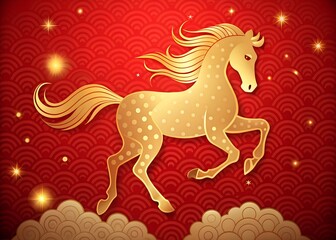 Golden Horse Silhouette on Red Festive Background for Chinese New Year