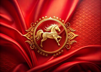 Year of the Horse Lunar New Year Greeting with Golden Stallion and Red Silk