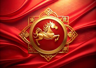 Year of the Horse Chinese New Year Background with Golden Stallion and Red Silk Drapes