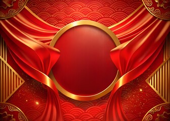 Luxurious Chinese New Year Background with Empty Golden Frame and Red Silk Drapes