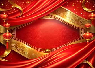 Luxurious Lunar New Year Background with Red Silk Drapes and Golden Frame