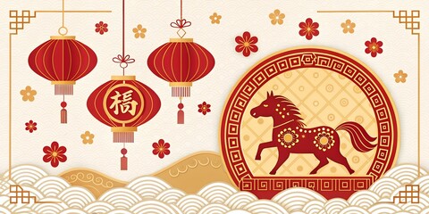 Chinese New Year Banner with Zodiac Horse and Traditional Hanging Red Lanterns on Wave Background