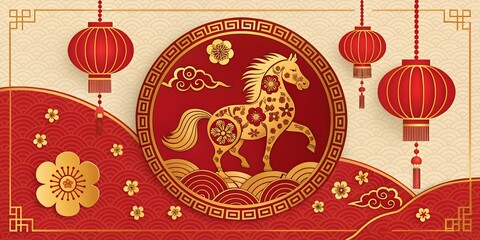 Chinese New Year Background for the Year of the Horse with Traditional Lanterns and Paper Cut Art